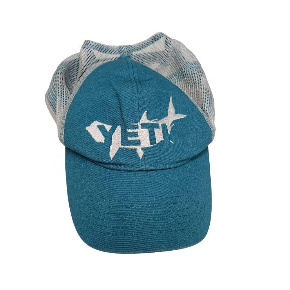 YETI Mesh‎ Trucker Hat Adjustable Snapback Teal Blue & White Distressed One Size